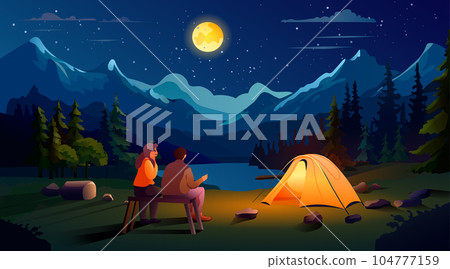 couple sitting near tent camping area night campsite summer camp travel vacation concept mountains landscape couple sitting near tent camping area night campsite summer camp travel vacation concept mountains landscape 104777159