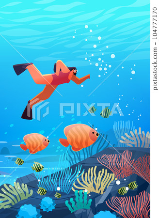 woman tourist in diving mask swimming in sea or ocean and watching marine fauna with fish and coral reef 104777170