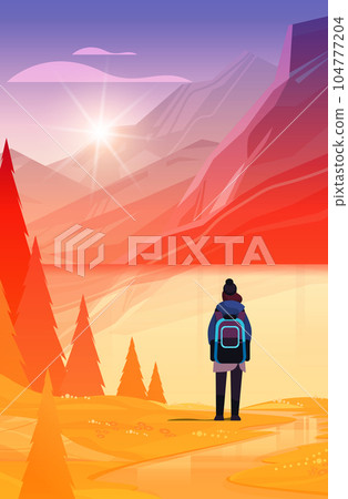 rear view of tourist with backpack travels along mountains and enjoying the view over beautiful nature landscape travelling hiking 104777204
