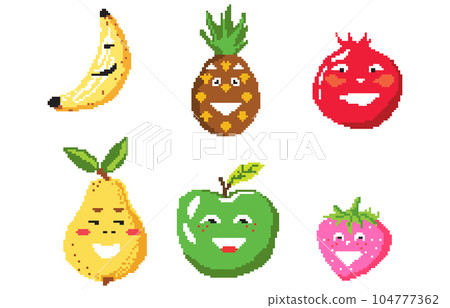 Set of pixel fruits and berries for games, applications or puzzles or cross stitch design. Pixelated style 8 bit icons isolated on white background. Minimalistic pixelart vector. Set of pixel fruits and berries for games, applications or puzzles or cross stitch design. Pixelated style 8 bit icons isolated on white background. Minimalistic pixelart vector. 104777362