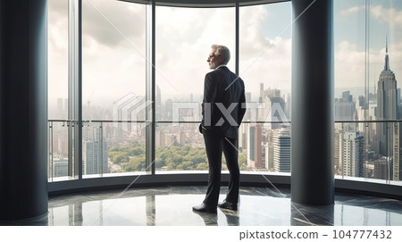 A middle-aged businessman in an office stands and looks out a large floor-to-ceiling window. AI generated. A middle-aged businessman in an office stands and looks out a large floor-to-ceiling window. AI generated. 104777432