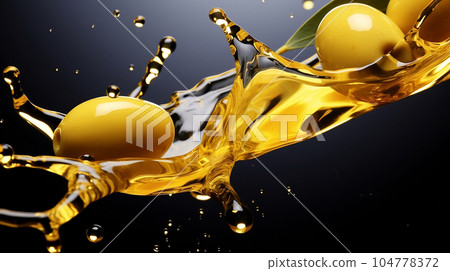 Green olives in natural oil. Cosmetic essence moisturizer healthy skin cosmetics add. Liquid olive oil splash close up photo 104778372