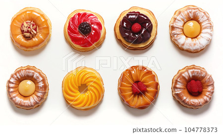 Tasty organic rusks with different toppings and ingredients on white marble table, flat lay 104778373