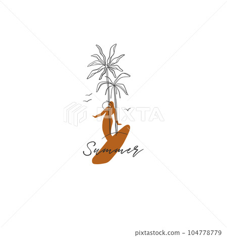 Hand drawn vector abstract simple minimalistic line art graphic drawing tropical surfing icon sign collection set isolated. Summer palm beach modern design concept. Summer palm beach and surf logo. Hand drawn vector abstract simple minimalistic line art graphic drawing tropical surfing icon sign collection set isolated. Summer palm beach modern design concept. Summer palm beach and surf logo. 104778779