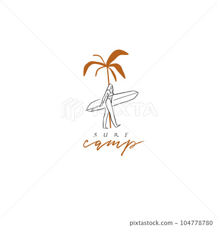 Hand drawn vector abstract simple minimalistic line art graphic drawing tropical surfing icon sign collection set isolated. Summer palm beach modern design concept. Summer palm beach and surf logo. Hand drawn vector abstract simple minimalistic line art graphic drawing tropical surfing icon sign collection set isolated. Summer palm beach modern design concept. Summer palm beach and surf logo. 104778780