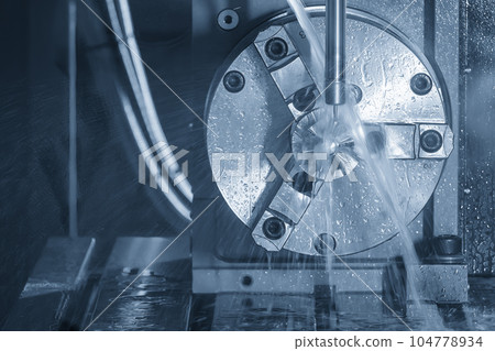 The 5-axis CNC milling machine  cutting the turbocharger part with solid ball end mill tool. 104778934