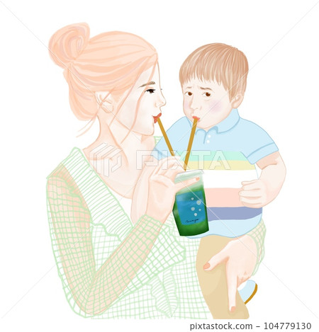 Parents and children sharing the same juice 104779130