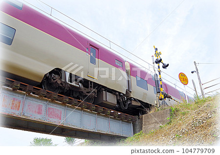 Sleeper limited express Sunrise Izumo crossing the iron bridge in the morning (illustration style) Sleeper limited express Sunrise Izumo crossing the iron bridge in the morning (illustration style) 104779709