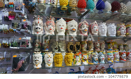 Sicilian traditional ceramics. Plate, dish, bowl, vase. Italy. Sicily. Palermo Sicilian traditional ceramics. Plate, dish, bowl, vase. Italy. Sicily. Palermo 104779879
