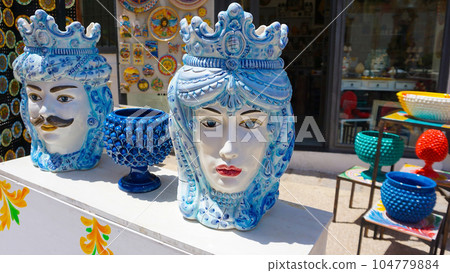 Sicilian traditional ceramics. Plate, dish, bowl, vase. Italy. Sicily. Palermo 104779884