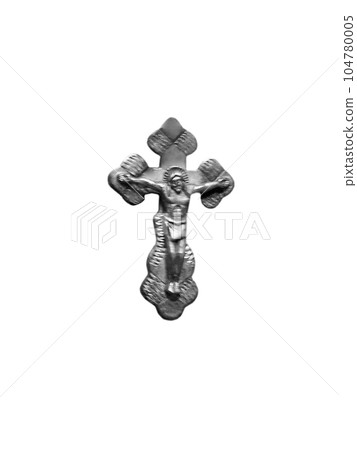 Metal cross with crucified Jesus Christ on a white background 104780005