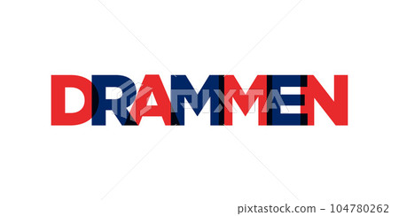 Drammen in the Norway emblem. The design features a geometric style, vector illustration with bold typography in a modern font. The graphic slogan lettering. 104780262