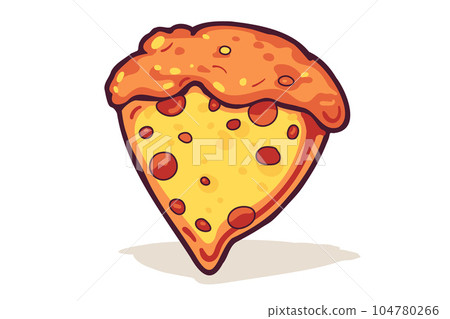 Pizza slice with melted cheese and pepperoni. Vector cartoon sticker in comic style with contour. Design element food for greeting card, poster, print for clothes, emblem. 104780266