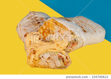 Meatloaf with vegetables. Fresh cabbage, carrots and greens. On a colored background. Shawarma. 104780622