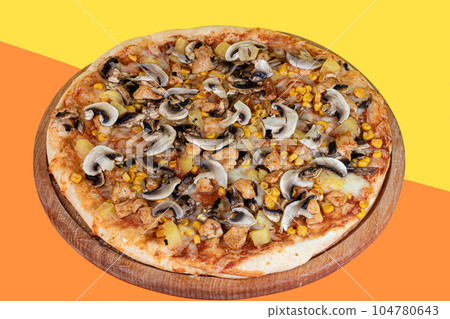 Pizza with bacon cheese and herbs on a wooden plate with cheese and cherry tomatoes. On a colored background. Pizza with bacon cheese and herbs on a wooden plate with cheese and cherry tomatoes. On a colored background. 104780643
