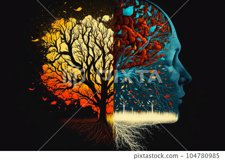 Symbol of memory loss due to dementia, alzheimer. Illustration of a human head with a brain made of withered falling autumn leaves. World mental health day. World Parkinson day concept. Generative ai. 104780985