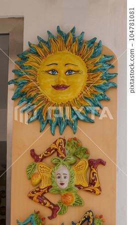 Sicilian traditional ceramics. Plate, dish, bowl, vase. Italy. Sicily. Palermo 104781081