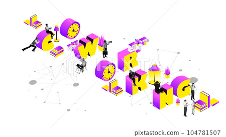 Coworking. Hardworking and ambitious people, employees working on personal and professional growth. Contemporary art collage. 104781507