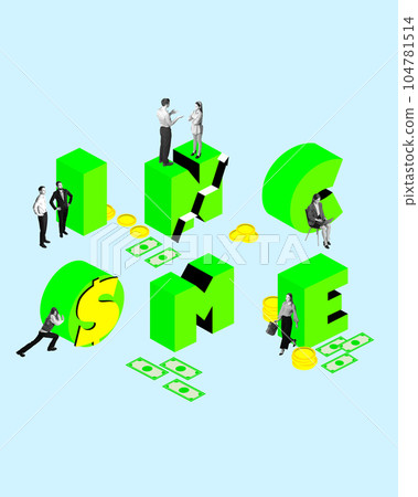Income. Hardworking people, employed working on professional growth and promotion. Money success. Contemporary art collage. Income. Hardworking people, employed working on professional growth and promotion. Money success. Contemporary art collage. 104781514