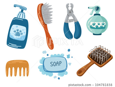 Pet Grooming salon elements. Barbershop for cats and dogs, groomer tools or equipment, scissors, brushes, shampoo isolated on white background. Grooming, hygiene, pets concept. Vector illustration 104781838