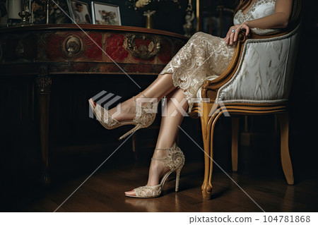 a woman sitting on a chair with her legs crossed and wearing high heeled shoes in the image is taken from behind a woman sitting on a chair with her legs crossed and wearing high heeled shoes in the image is taken from behind 104781868