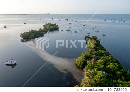 Aerial view of boats moored off Dinner Key Marina in Coconut Grove, Florida. 104782053