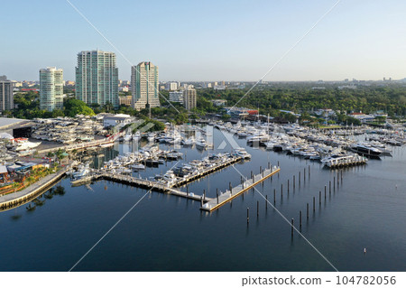 Aerial view of marina and boat storage facilities in Miami, Florida. 104782056