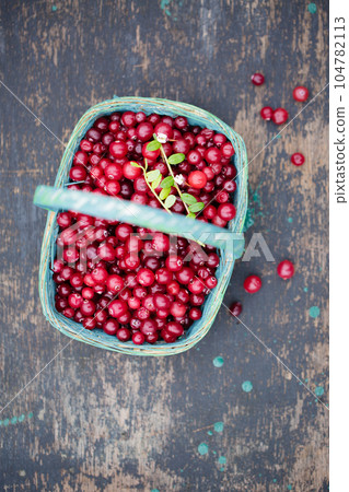 sour berry cranberries in a blue wicker basket on a rustic background sour berry cranberries in a blue wicker basket on a rustic background 104782113