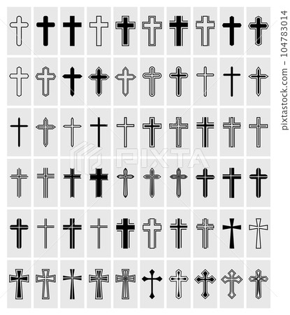 Flat Vector Christian Cross Icons. Line Silhouette Cut Out Black Christian Crosses Collection Isolated. Flat Vector Christian Cross Icons. Line Silhouette Cut Out Black Christian Crosses Collection Isolated. 104783014