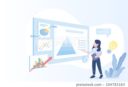 Business ideas concept. Businesswoman present data analysis, financial report, marketing chart, investment trend, graph. Flat vector design illustration. Business ideas concept. Businesswoman present data analysis, financial report, marketing chart, investment trend, graph. Flat vector design illustration. 104783163