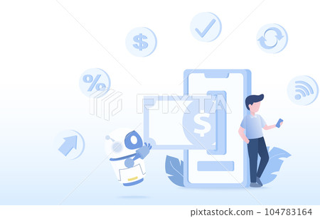Mobile banking or internet banking concept. Deposit, withdrawal, currency exchange, fund transfers, NFC payments, digital wallets, and global accessibility. Vector design illustration. Mobile banking or internet banking concept. Deposit, withdrawal, currency exchange, fund transfers, NFC payments, digital wallets, and global accessibility. Vector design illustration. 104783164