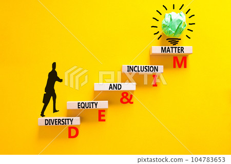 DEI Diversity equity inclusion matter symbol. Concept words DEI diversity equity and inclusion matter on wood block. Beautiful yellow background. Business diversity equity inclusion matter concept 104783653