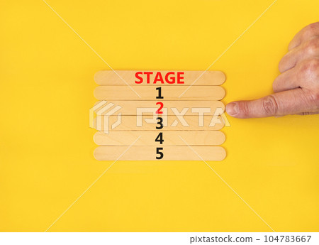 Time to stage 2 symbol. Concept word Stage 1 2 3 4 5 on wooden sticks. Businessman hand. Beautiful yellow table yellow background. Business planning and time to stage 2 concept. Copy space. Time to stage 2 symbol. Concept word Stage 1 2 3 4 5 on wooden sticks. Businessman hand. Beautiful yellow table yellow background. Business planning and time to stage 2 concept. Copy space. 104783667