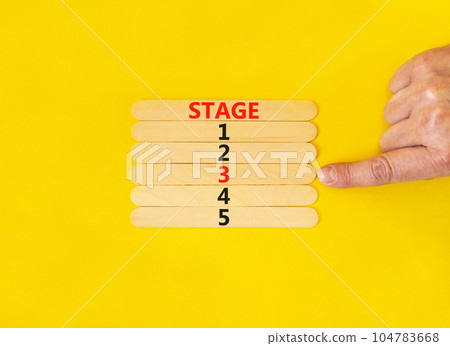 Time to stage 3 symbol. Concept word Stage 1 2 3 4 5 on wooden sticks. Businessman hand. Beautiful yellow table yellow background. Business planning and time to stage 3 concept. Copy space. 104783668