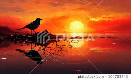 Birds grace sunset mountains. Generative AI 104783743