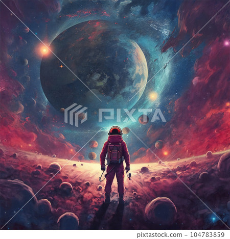 Astronaut exploring fantasy planet, night sky on background. AI Generative 104783859