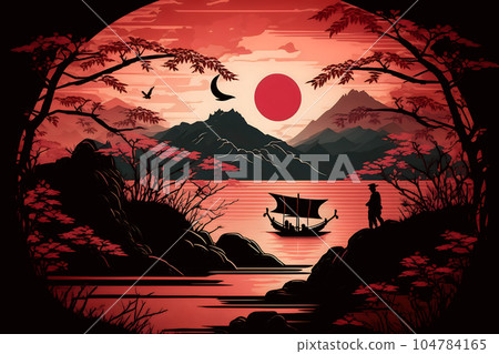 Illustration of Japanese samurai watch sunset with mountain and a lake background, red, white and black artistic art. good for T-shirt, poster, canvas, mug, cover and other. Illustration of Japanese samurai watch sunset with mountain and a lake background, red, white and black artistic art. good for T-shirt, poster, canvas, mug, cover and other. 104784165