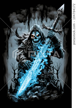 An illustration of skull warrior, ancient horrifying ghost warrior, lich king, or fantasy and game character with magical aura. Good for t-shirt, mug, poster, bed cover, pillow, phone case and other. 104784172