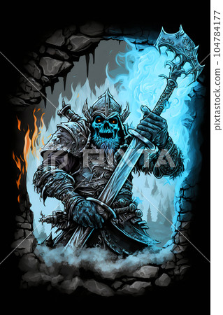 An illustration of undead skull warrior, ancient horrifying warrior, lich king, or fantasy and game character with magical aura. Good for t-shirt, poster, bed cover, pillow, phone case and other. An illustration of undead skull warrior, ancient horrifying warrior, lich king, or fantasy and game character with magical aura. Good for t-shirt, poster, bed cover, pillow, phone case and other. 104784177