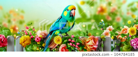 colorful parrot on the fence among the flowers, art banner made with Generative AI 104784185