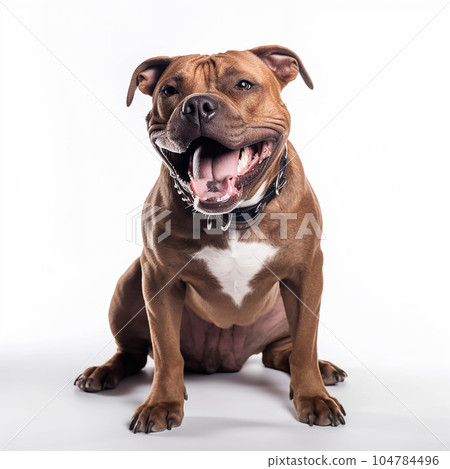 Staffordshire terrier dog close up portrait isolated on white background. Brave pet, loyal friend, good companion, 104784496