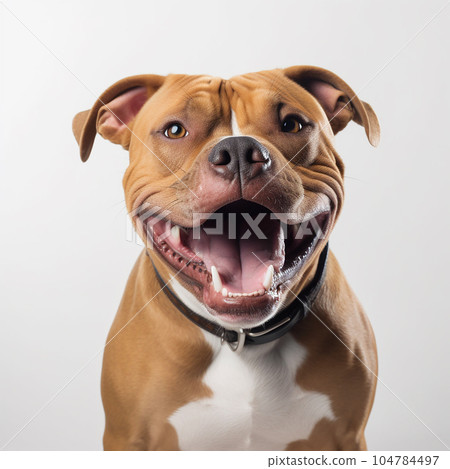 Staffordshire terrier dog close up portrait isolated on white background. Brave pet, loyal friend, good companion, 104784497