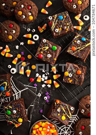Chocolate monster brownies homemade treats for Halloween Chocolate monster brownies homemade treats for Halloween 104784671