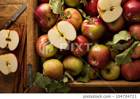 Freshly picked apples in a wooden crate Freshly picked apples in a wooden crate 104784721