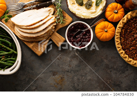 Thanksgiving table overhead shot Thanksgiving table overhead shot 104784830