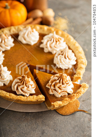 Pumpkin pie with whipped cream Pumpkin pie with whipped cream 104784853