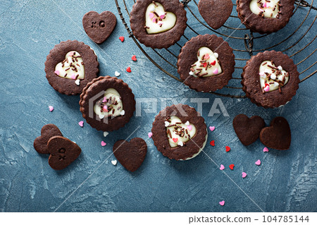 Chocolate cookie sandwiches for Valentines Day 104785144