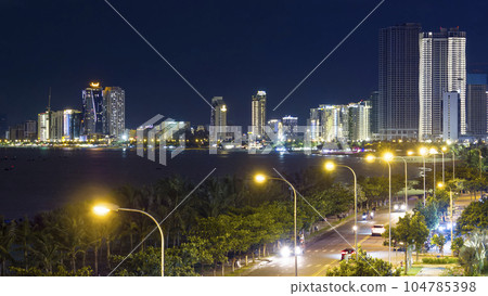 Vietnam Da Nang Night view of skyscrapers along the coast Vietnam Da Nang Night view of skyscrapers along the coast 104785398