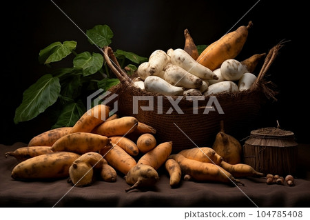A pile of raw cassava in cassava production 104785408