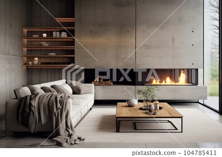 Interior design of a modern living room with a fireplace in a minimalist style Interior design of a modern living room with a fireplace in a minimalist style 104785411